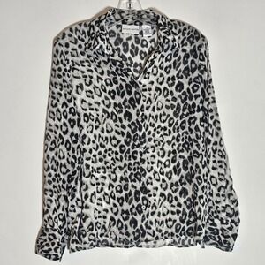Jaclyn Smith Top Womens 8 Gray Leopard Long Sleeve Button Up Lightweight Office